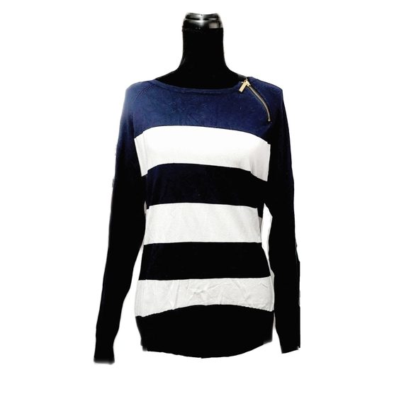 Michael Michael Kors Womens Navy & White Stripe Shoulder Zip Top Sz M - Picture 2 of 7